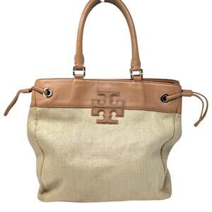 Tory Burch Straw Woven Tote Tan Leather Stacked T Logo Shoulder Bag